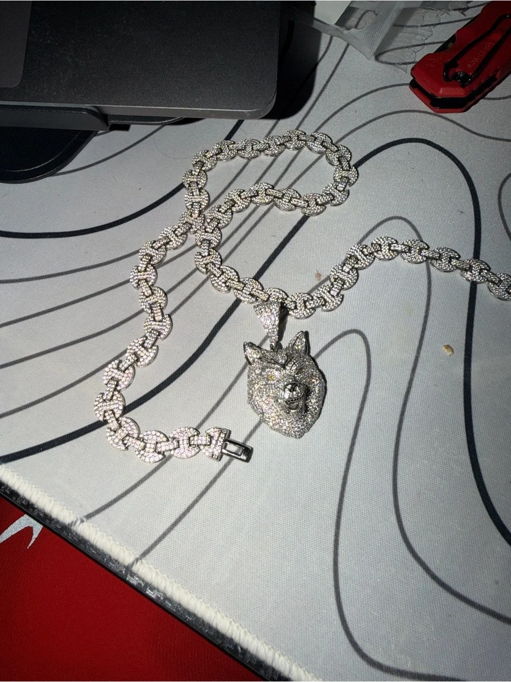 Stamped 925 Silver Wolf Head Pendant w/ Heavy Iced Link Chain